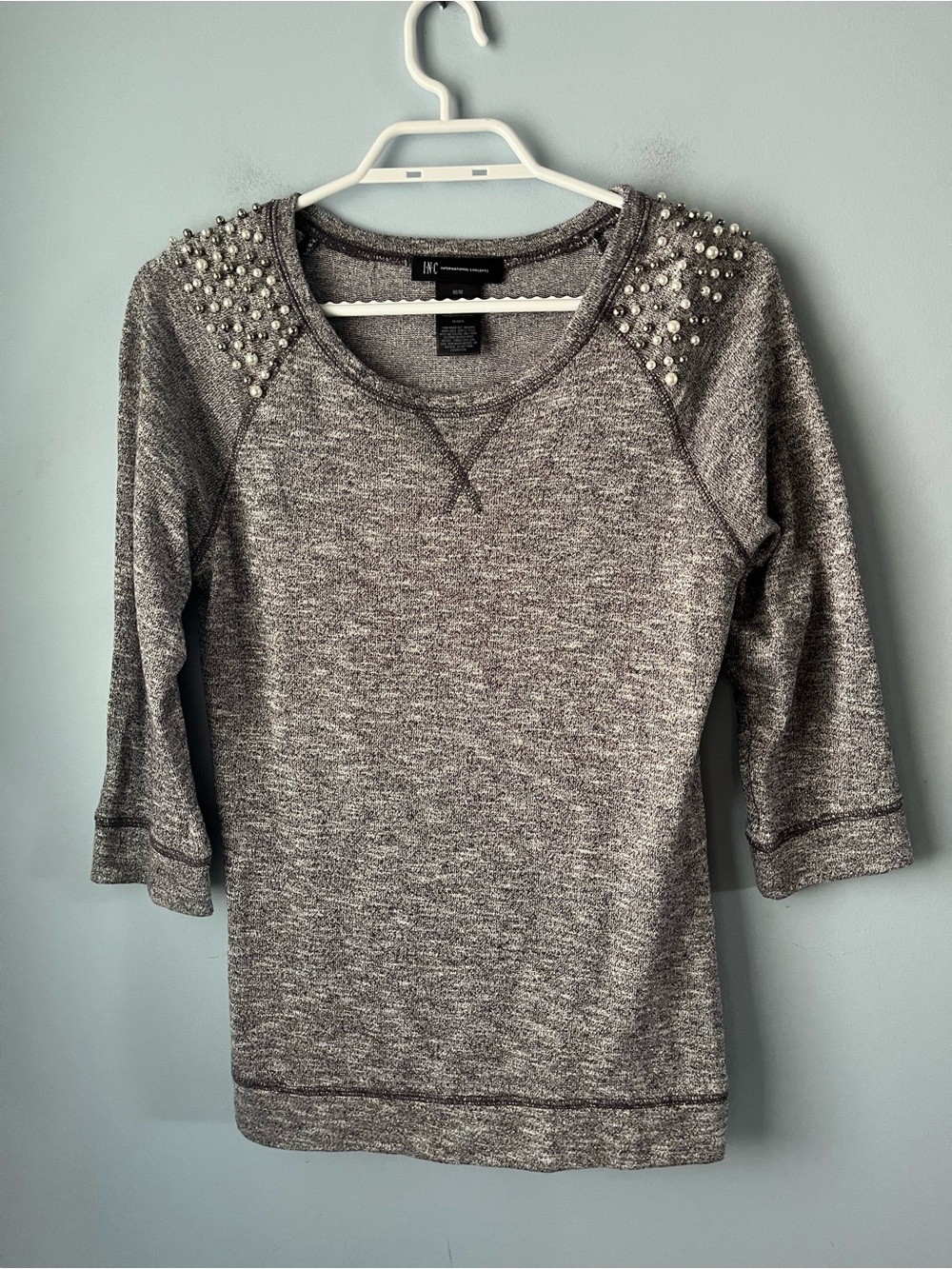 INC Embellished Marled Gray Metallic Gold Pearl 3/4 Sleeve Sweater Size M